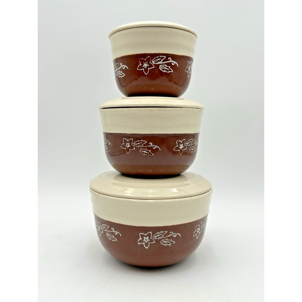 Nesting Bowls With Lids Vintage Starflower Oxford Stoneware 1940s Set of 3